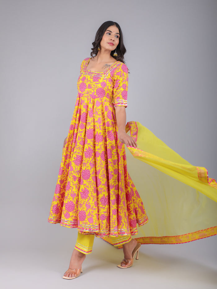 Sunshine Yellow Pink Floral Anarkali Set