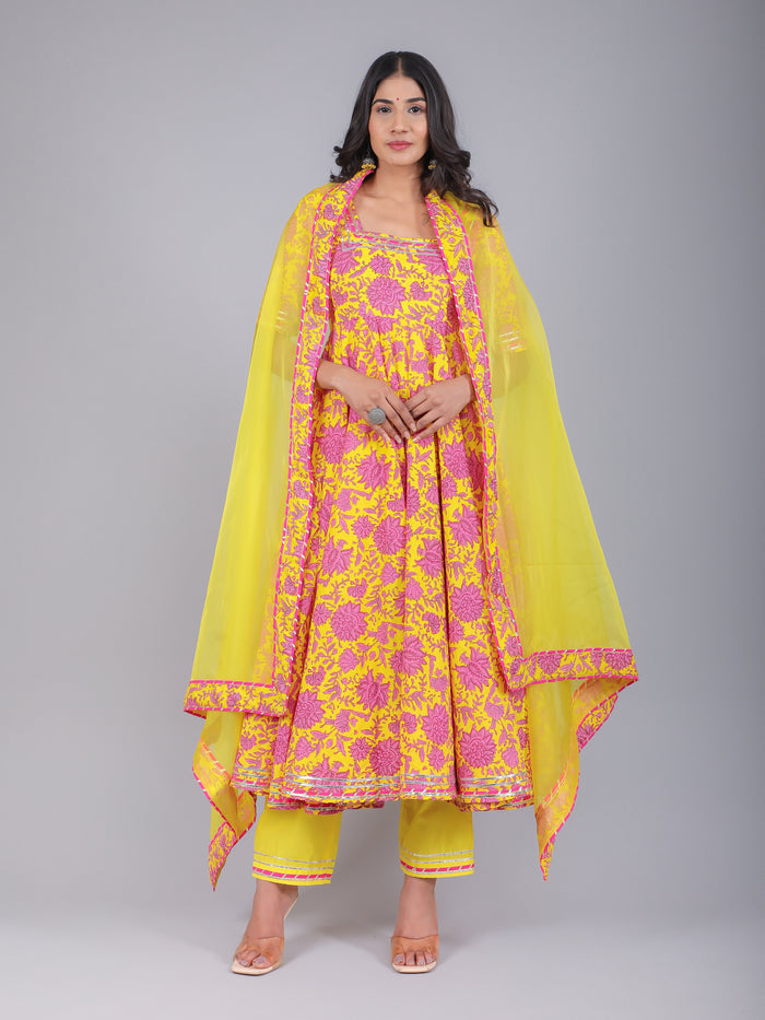 Sunshine Yellow Pink Floral Anarkali Set