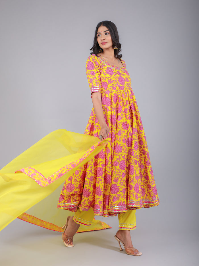Sunshine Yellow Pink Floral Anarkali Set