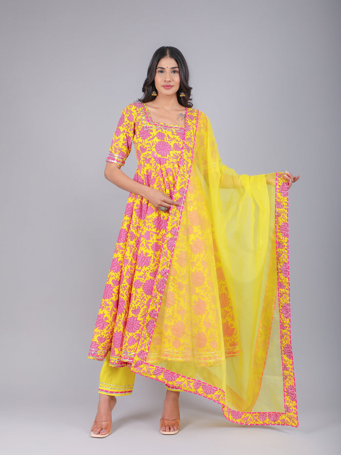 Sunshine Yellow Pink Floral Anarkali Set