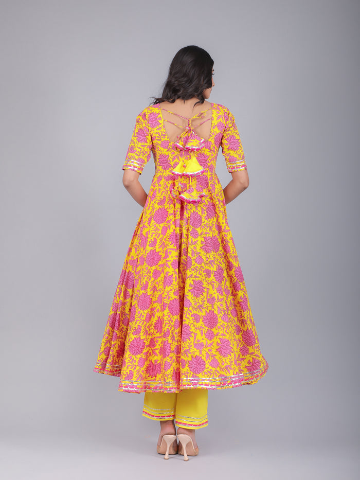 Sunshine Yellow Pink Floral Anarkali Set