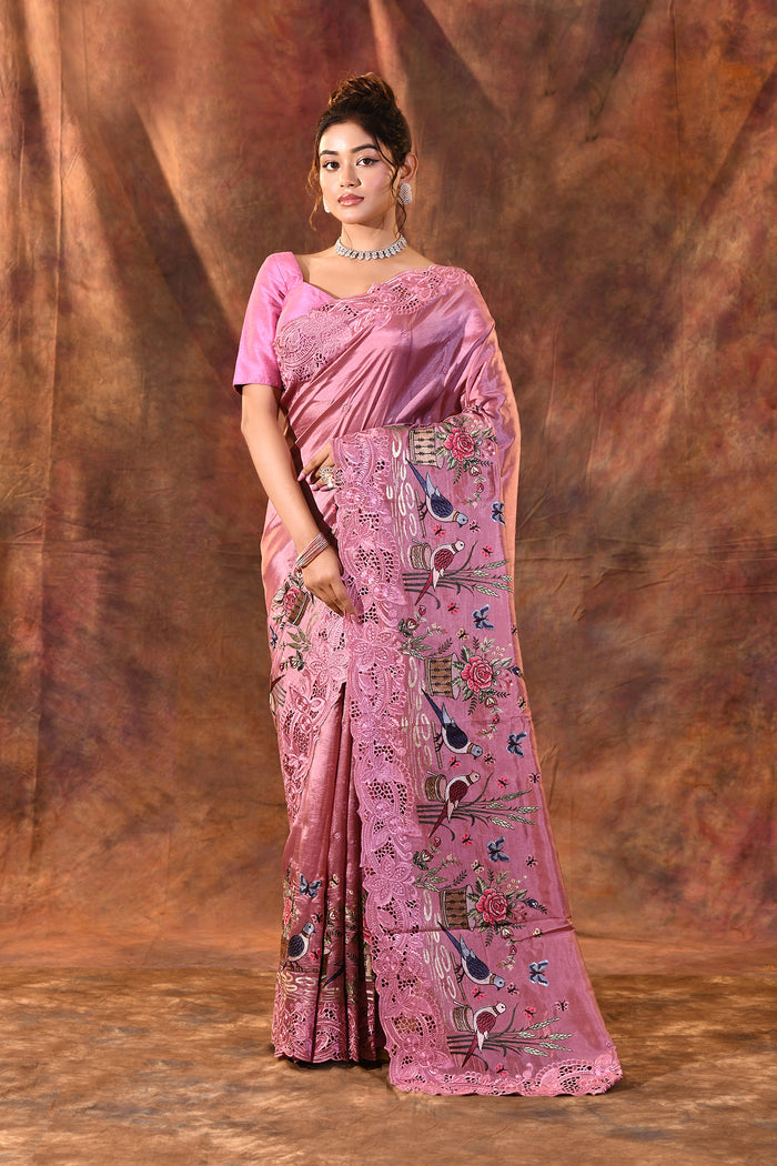 Sweet Pink Embroidered Satin Silk Saree