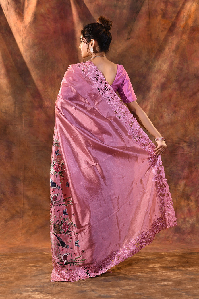 Sweet Pink Embroidered Satin Silk Saree