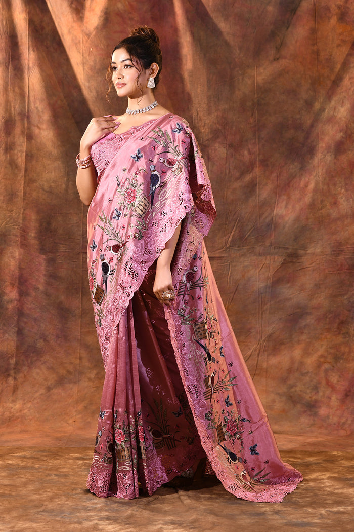 Sweet Pink Embroidered Satin Silk Saree