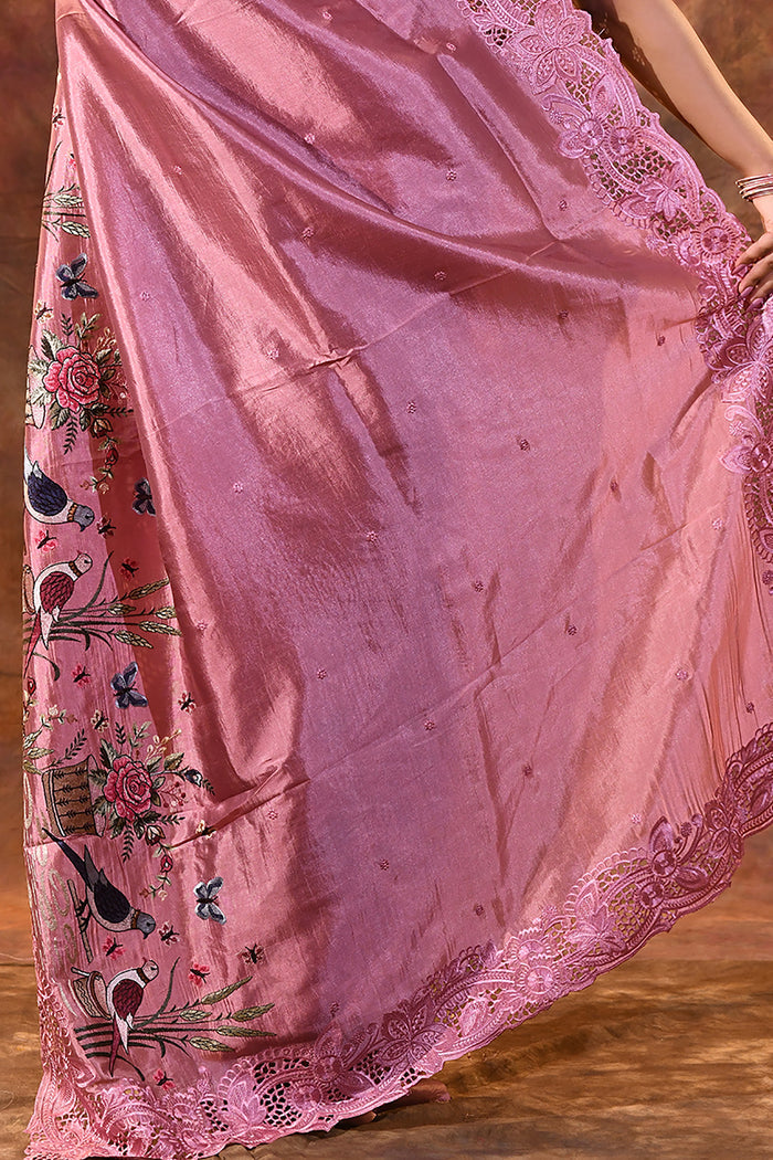 Sweet Pink Embroidered Satin Silk Saree