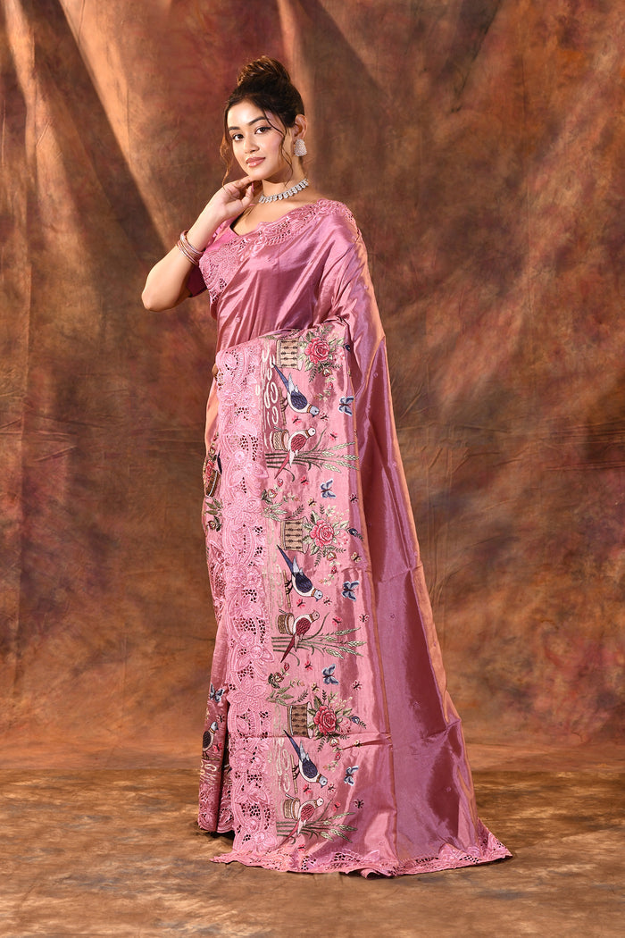 Sweet Pink Embroidered Satin Silk Saree