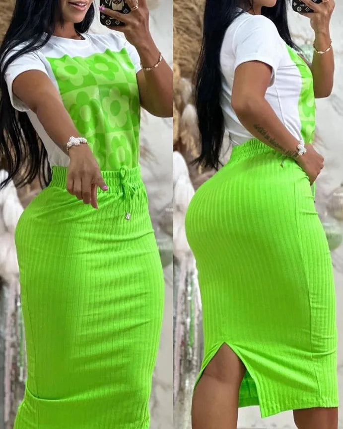 Green T-shirt printed top midi skirt a-line broadcloth FTF Market UK