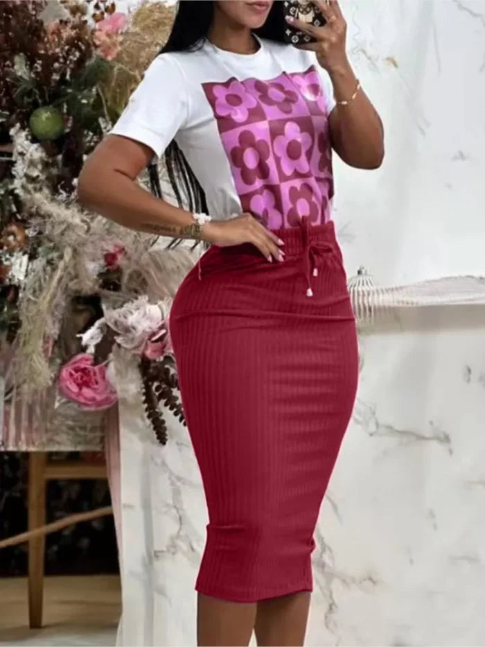 Claret T-shirt printed top midi skirt a-line broadcloth FTF Market UK