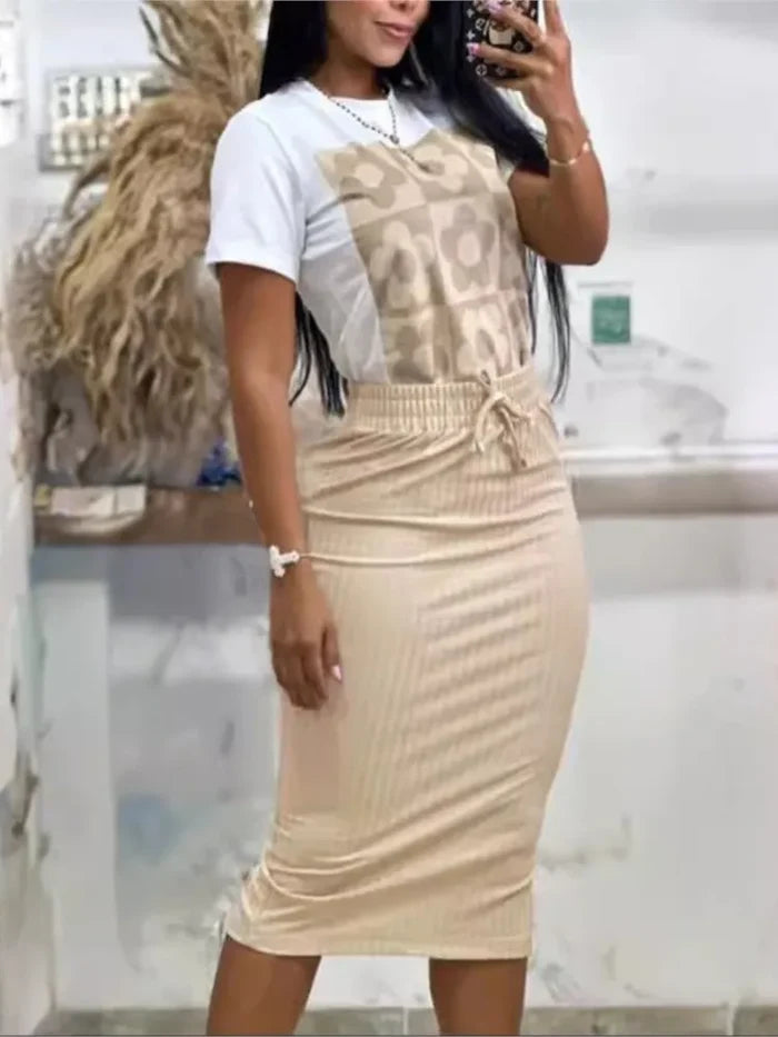 Khaki T-shirt printed top midi skirt a-line broadcloth FTF Market UK