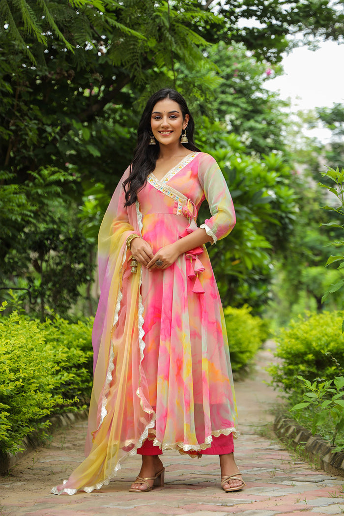 <img> Taffy Pink Chiffon Printed Anarkali Set