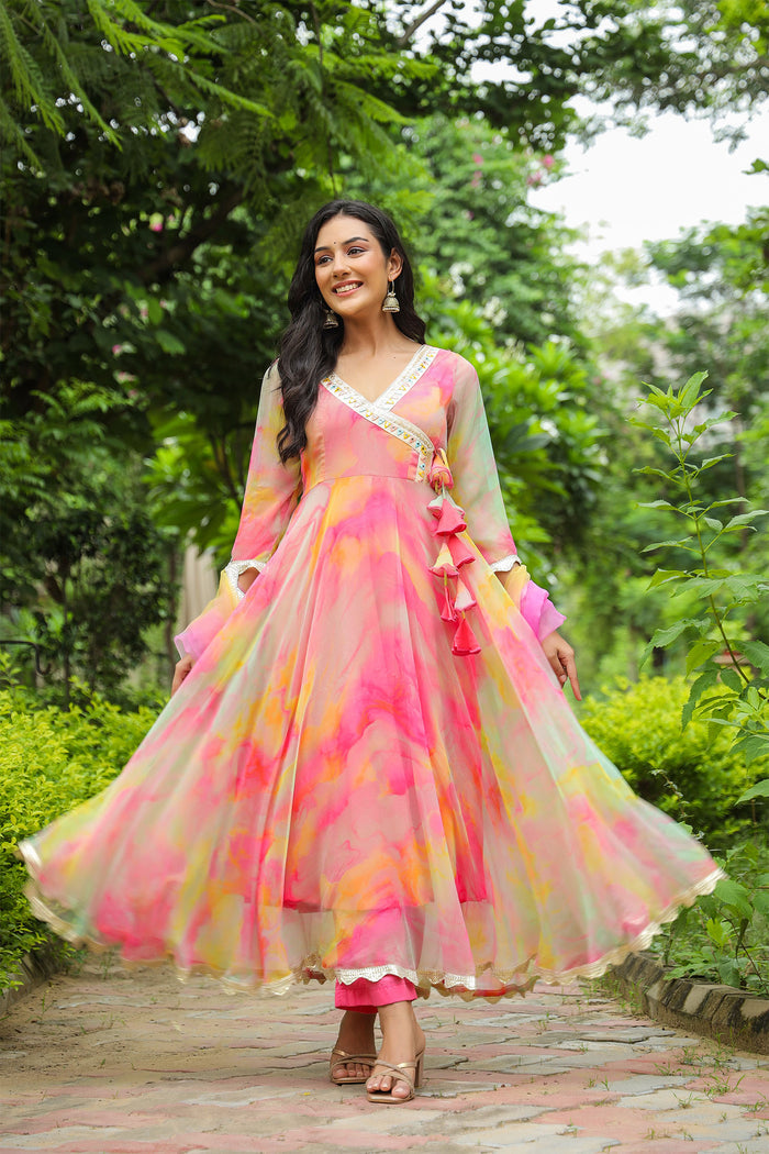 <img> Taffy Pink Chiffon Printed Anarkali Set