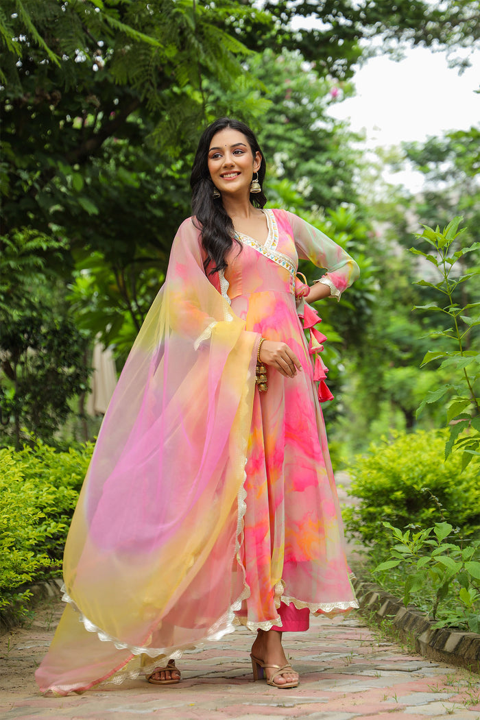 <img> Taffy Pink Chiffon Printed Anarkali Set