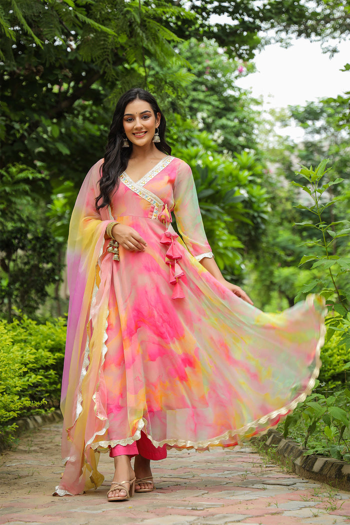 <img> Taffy Pink Chiffon Printed Anarkali Set