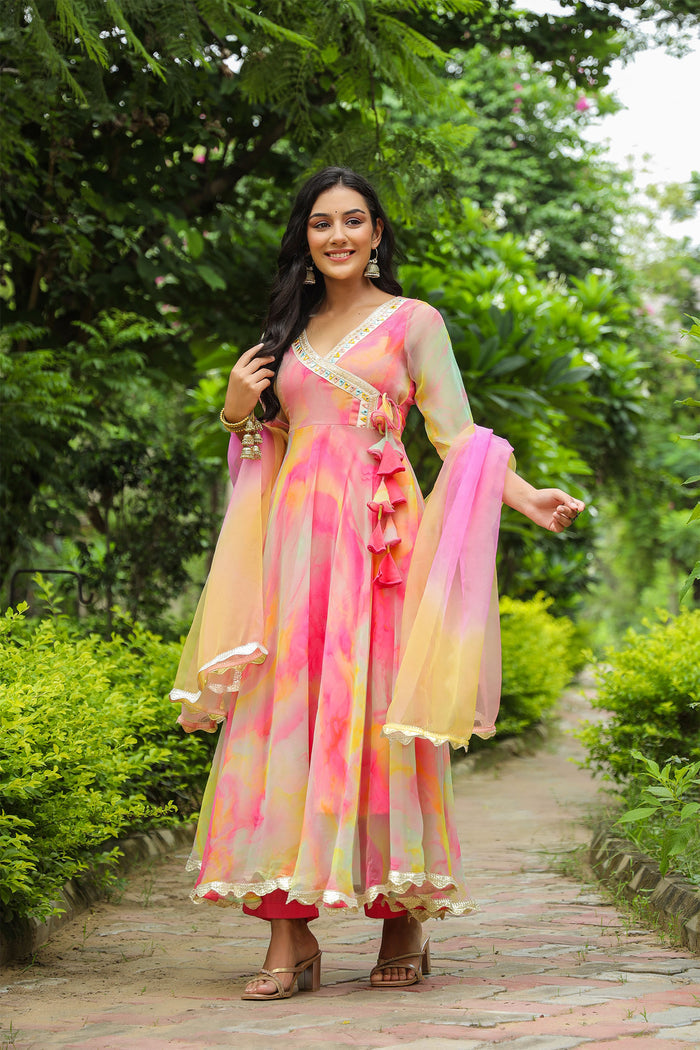 <img> Taffy Pink Chiffon Printed Anarkali Set