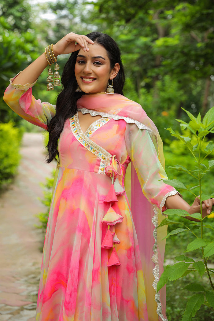 <img> Taffy Pink Chiffon Printed Anarkali Set
