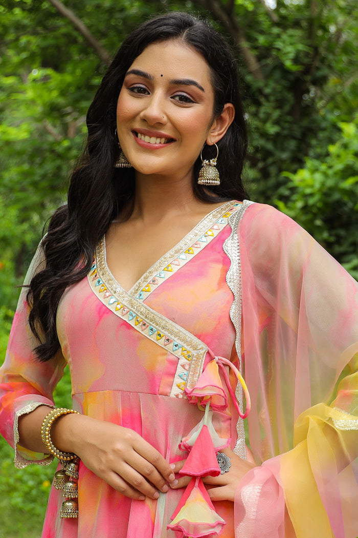 <img> Taffy Pink Chiffon Printed Anarkali Set