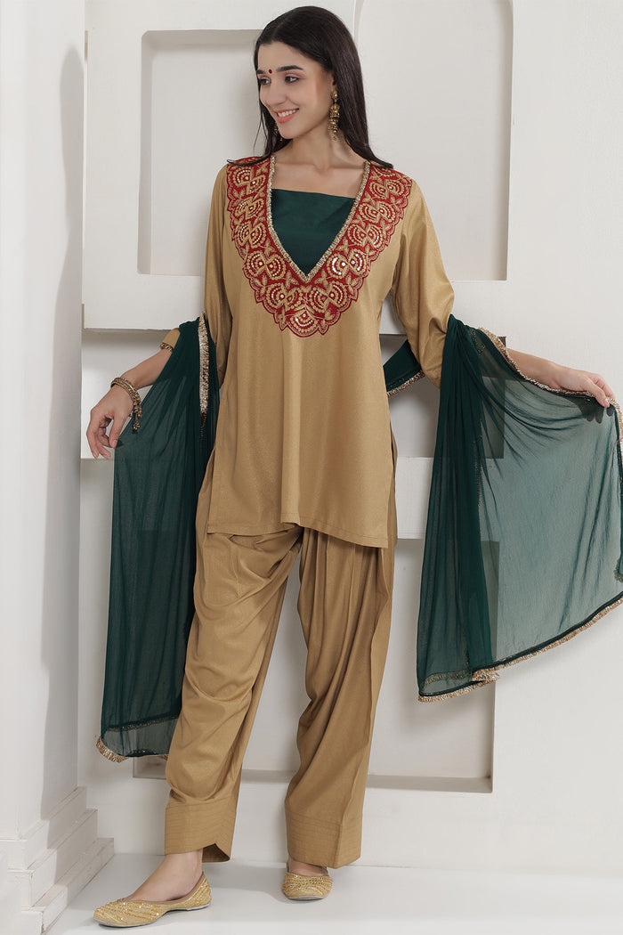 <img> Tan Brown Chinnon Farshi Salwaar Suit Set