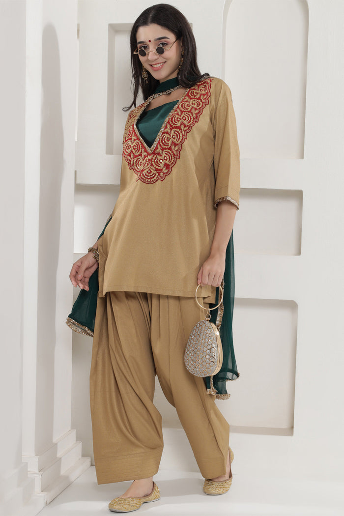 <img> Tan Brown Chinnon Farshi Salwaar Suit Set