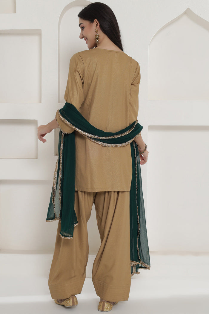 <img> Tan Brown Chinnon Farshi Salwaar Suit Set