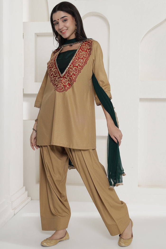 <img> Tan Brown Chinnon Farshi Salwaar Suit Set