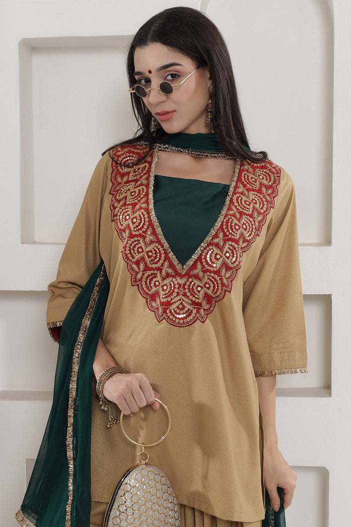 <img> Tan Brown Chinnon Farshi Salwaar Suit Set