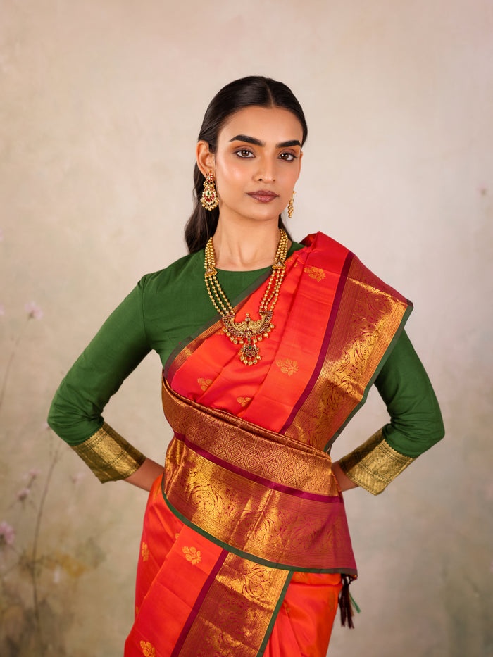 Tangerine Temple-Border Kanjivaram Saree