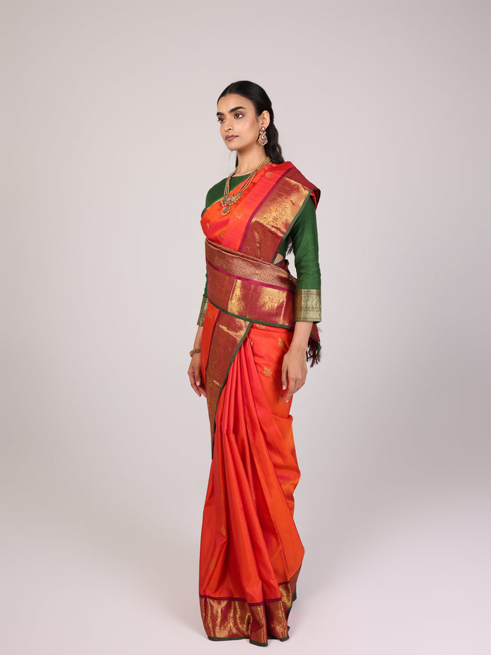 Tangerine Temple-Border Kanjivaram Saree