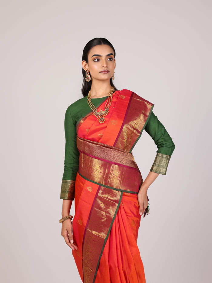 Tangerine Temple-Border Kanjivaram Saree