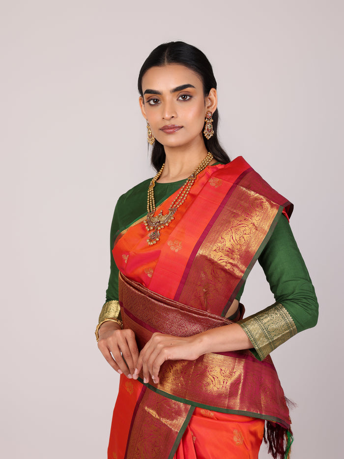 Tangerine Temple-Border Kanjivaram Saree