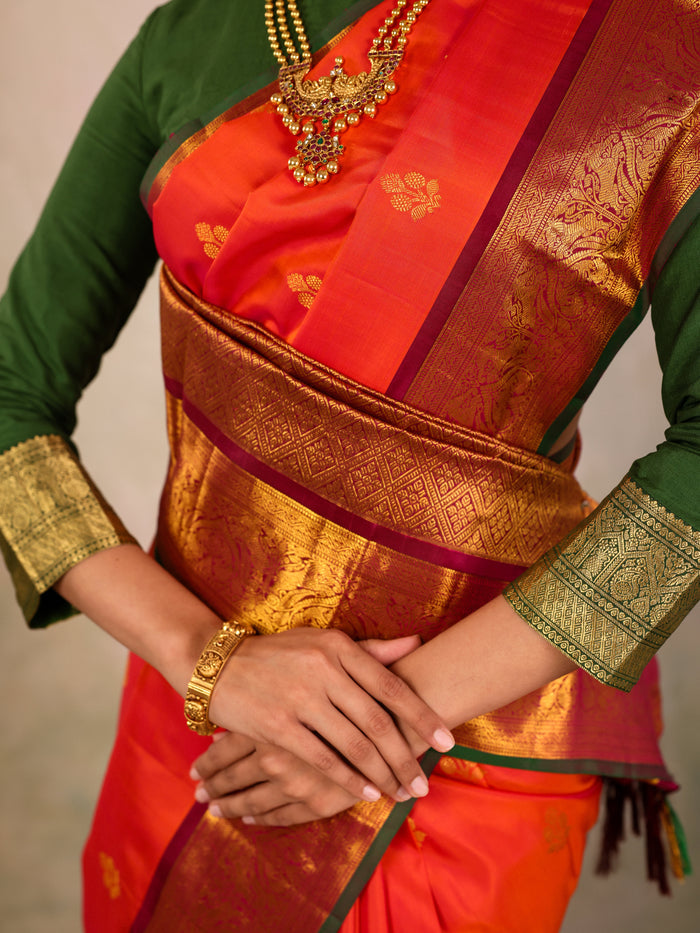 Tangerine Temple-Border Kanjivaram Saree