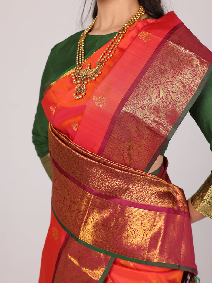 Tangerine Temple-Border Kanjivaram Saree