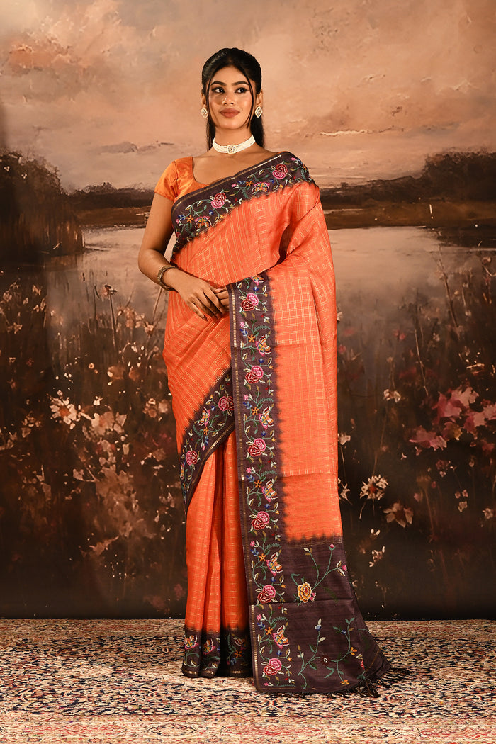 Tangerine With Checks And Multi Colored Floral Border Embroidery Designer Saree