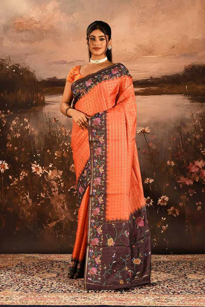 Tangerine With Checks And Multi Colored Floral Border Embroidery Designer Saree