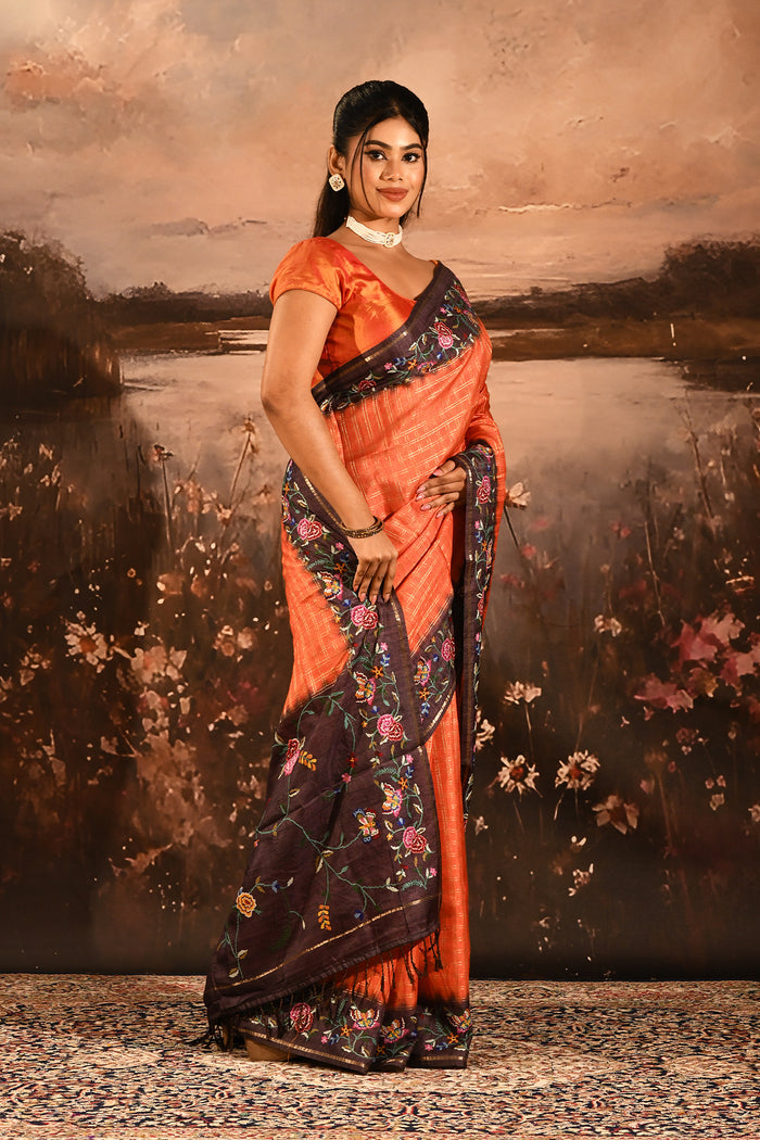Tangerine With Checks And Multi Colored Floral Border Embroidery Designer Saree