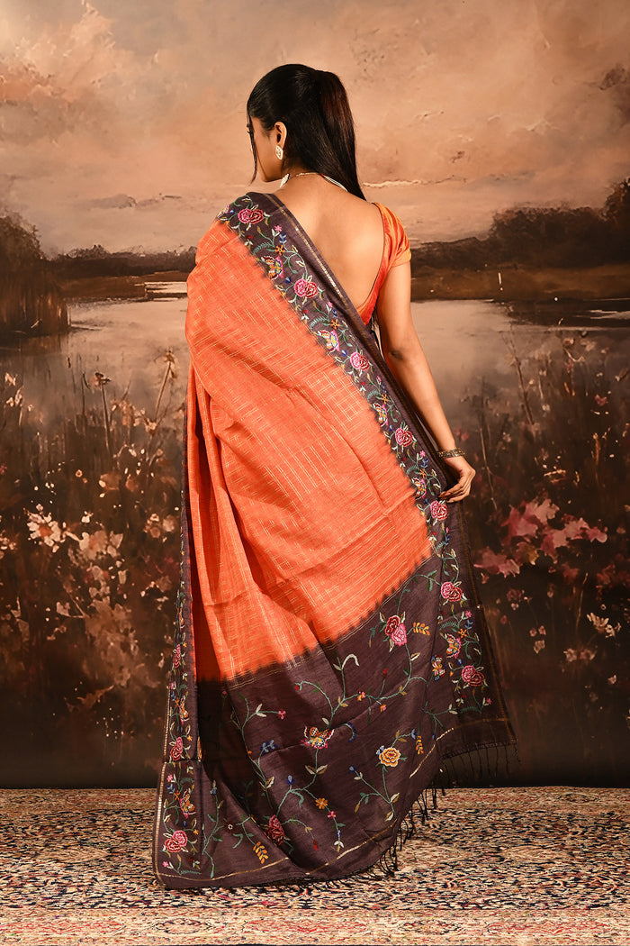 Tangerine With Checks And Multi Colored Floral Border Embroidery Designer Saree