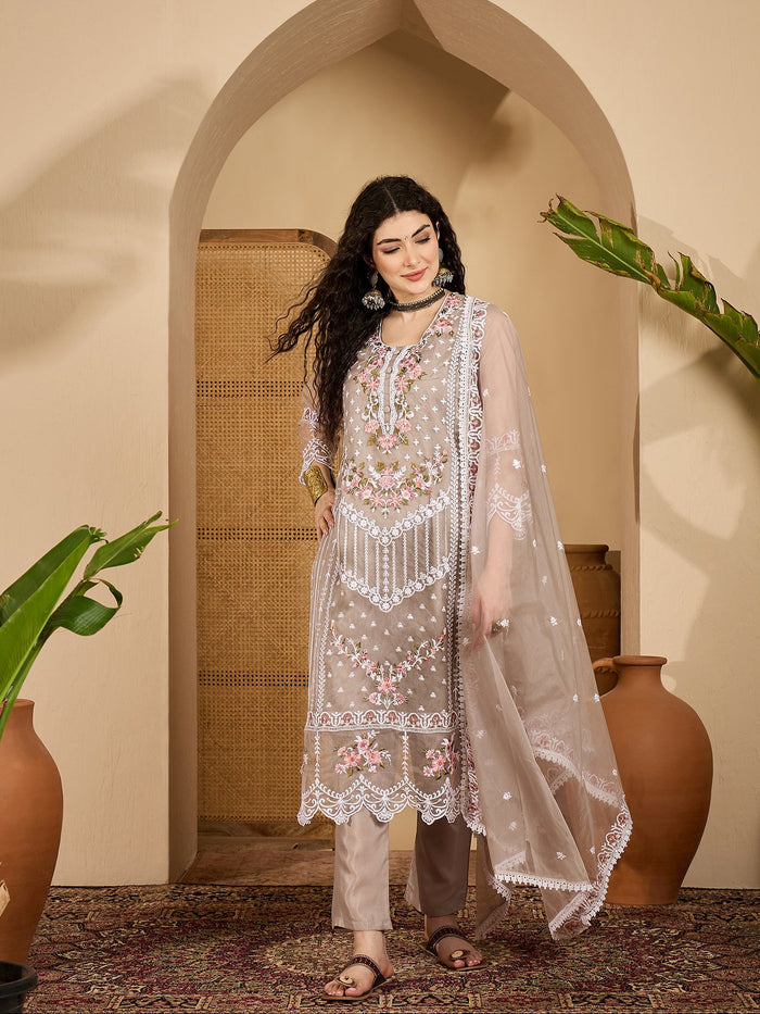 Taupe Organza Kurti With Scalloped Floral Work