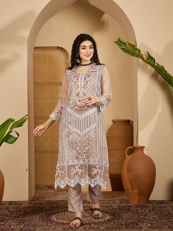Taupe Organza Kurti With Scalloped Floral Work