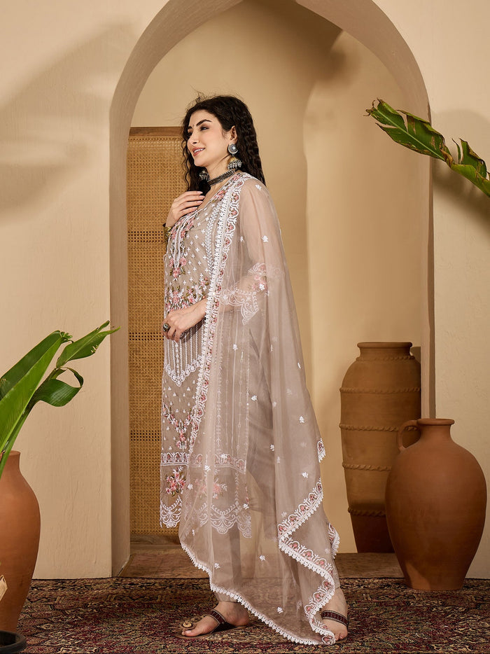 Taupe Organza Kurti With Scalloped Floral Work