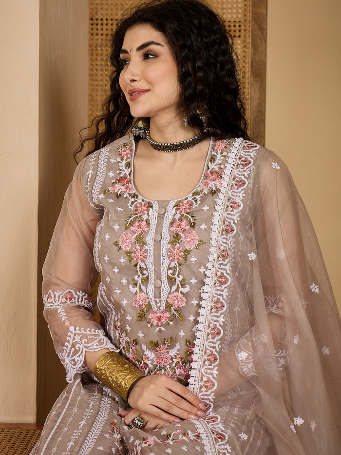 Taupe Organza Kurti With Scalloped Floral Work