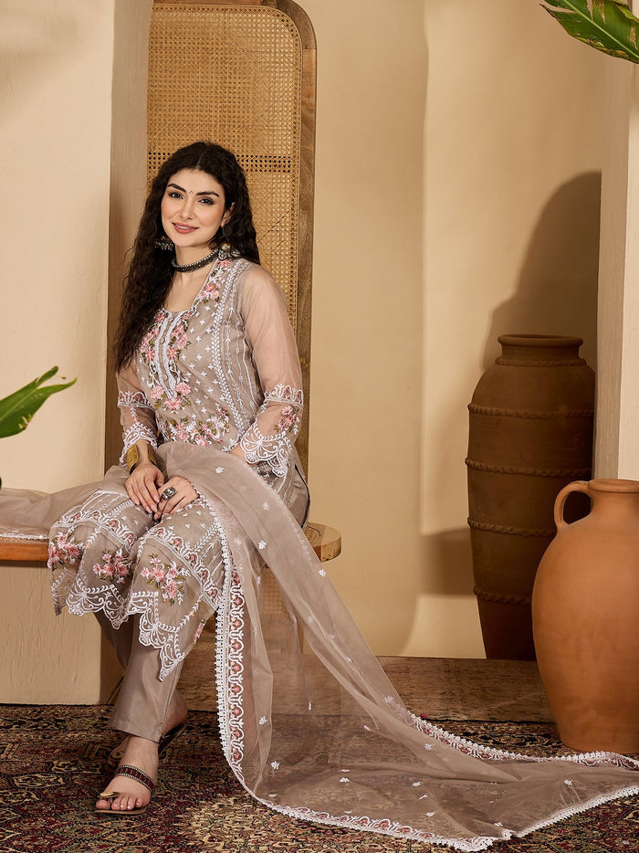 Taupe Organza Kurti With Scalloped Floral Work