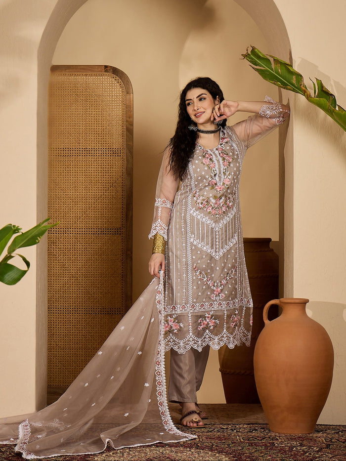 Taupe Organza Kurti With Scalloped Floral Work