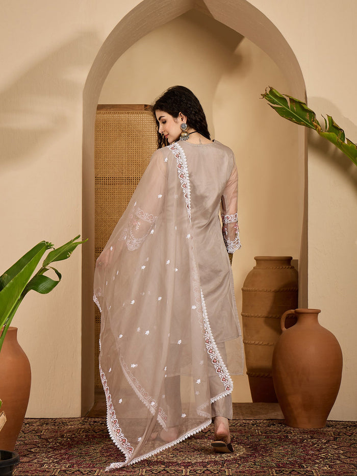 Taupe Organza Kurti With Scalloped Floral Work