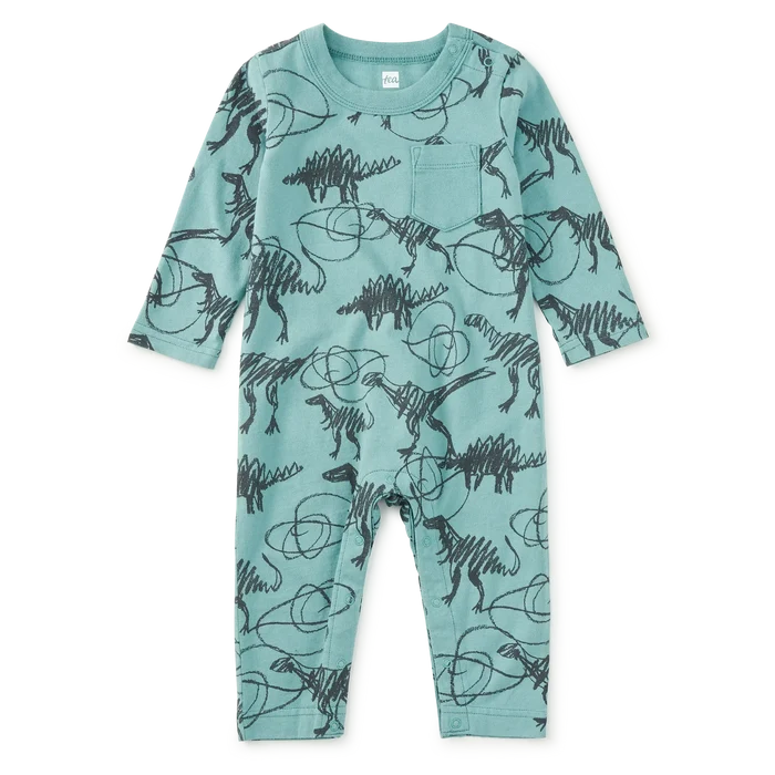 A baby long-sleeve romper in a light teal color, featuring an all-over black print of dinosaurs and scribbled lines, displayed flat against a white background.