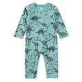 A baby long-sleeve romper in a light teal color, featuring an all-over black print of dinosaurs and scribbled lines, displayed flat against a white background.