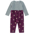 A baby long-sleeve romper with a navy and white striped top half and purple pants with a cherry print, shown flat on a white background.