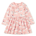 A pink long-sleeve dress with an all-over unicorn print, featuring a gathered waist and a V-neckline, shown flat against a white background.