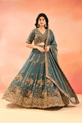 Teal Blue Animal And Floral Embroidered Tissue Lehenga