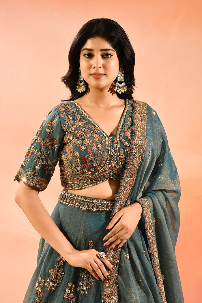 Teal Blue Animal And Floral Embroidered Tissue Lehenga