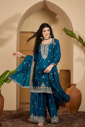 Teal Blue Chinon Silk Floral Embroidered Kurta Set
