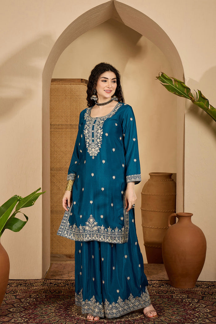 Teal Blue Chinon Silk Floral Embroidered Kurta Set